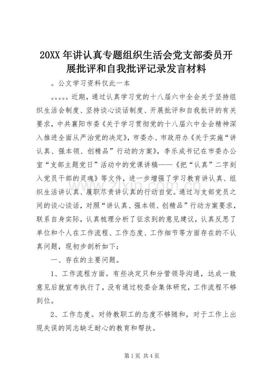 20XX年讲认真专题组织生活会党支部委员开展批评和自我批评记录发言材料致辞.docx_第1页