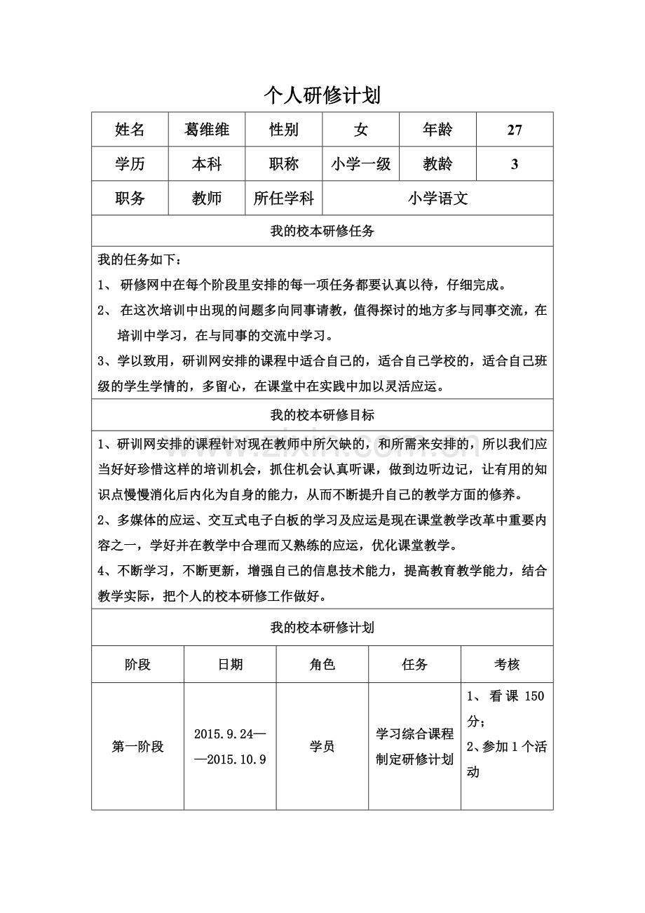 葛维维——个人研修工作计划.docx_第1页