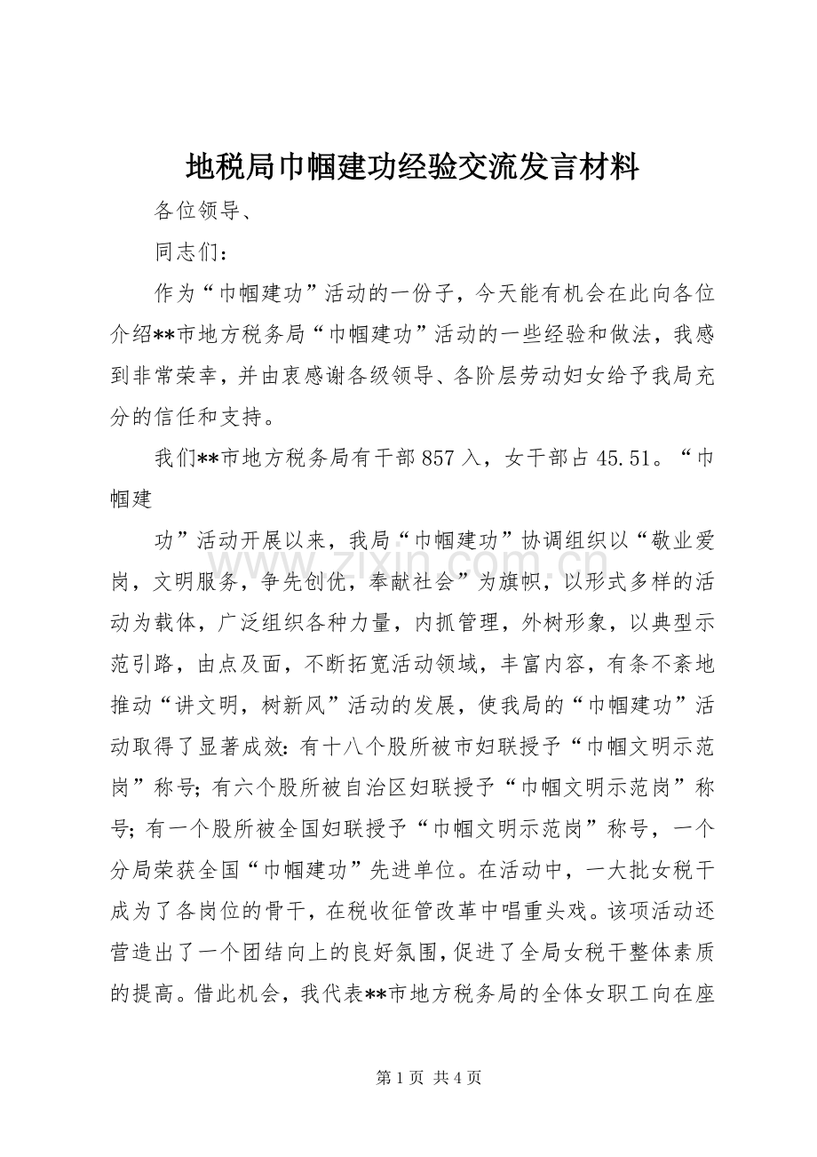地税局巾帼建功经验交流发言材料提纲范文.docx_第1页