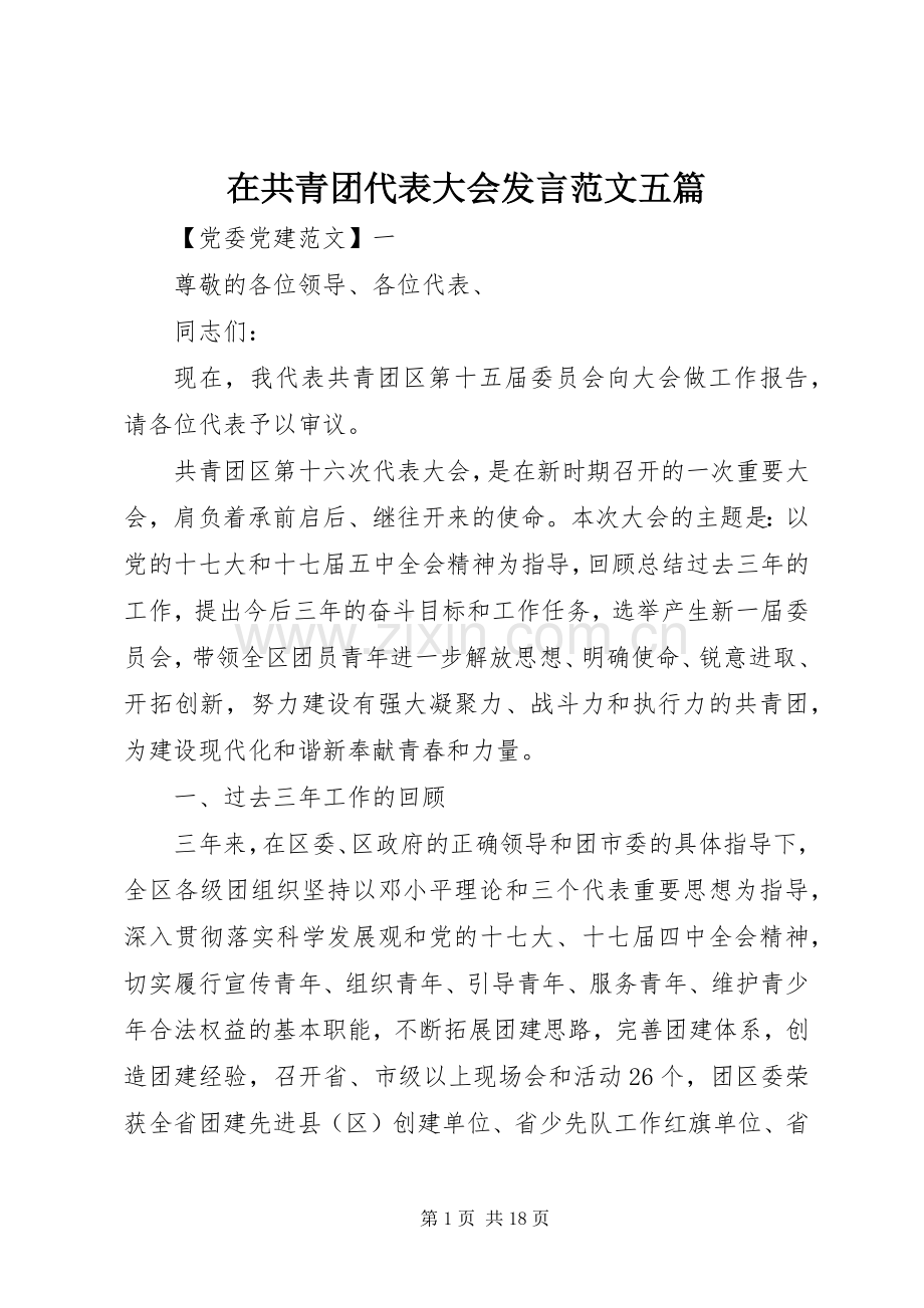 在共青团代表大会发言稿范文五篇.docx_第1页