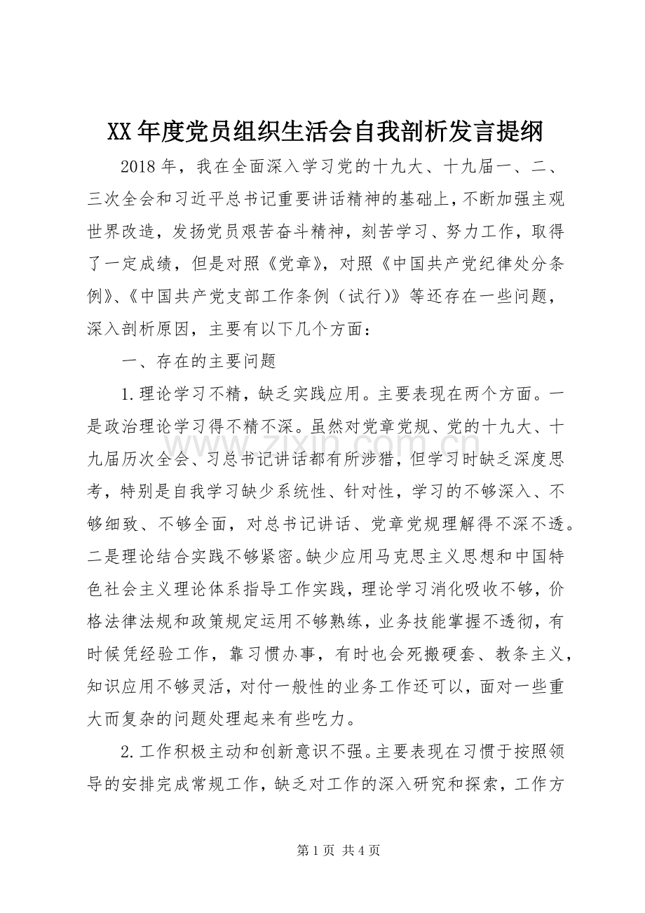XX年度党员组织生活会自我剖析发言提纲材料.docx_第1页
