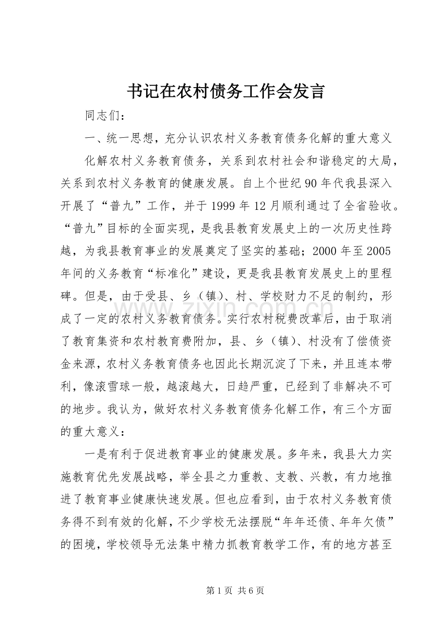 书记在农村债务工作会发言稿.docx_第1页