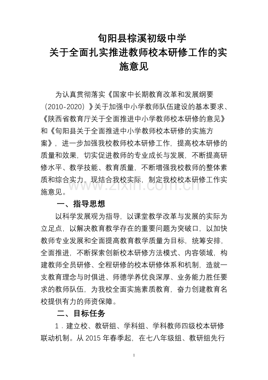 旬阳县棕溪初级中学全面推进中小学教师校本研修工作实施意见.doc_第1页