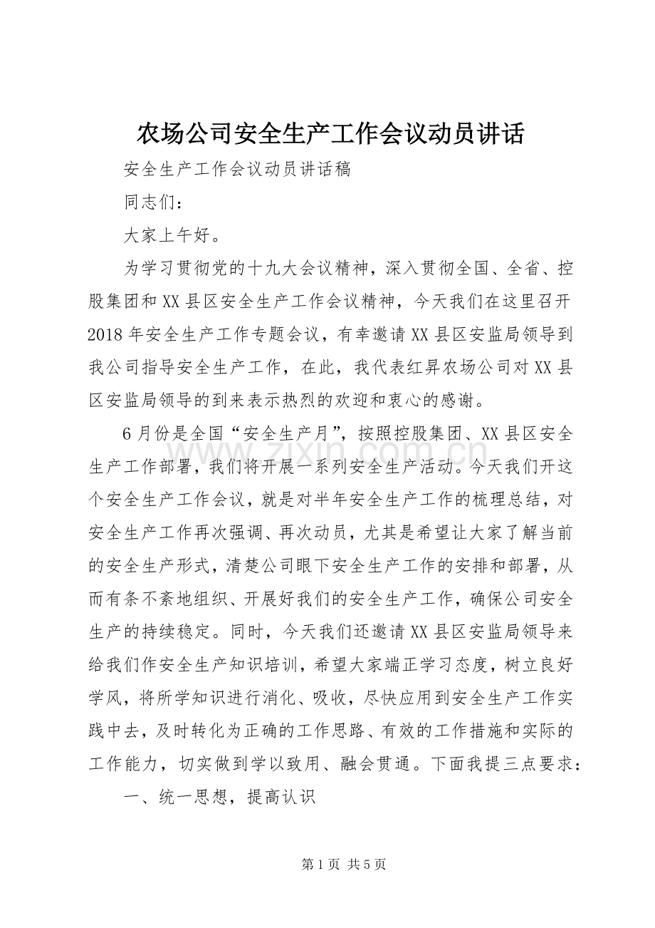农场公司安全生产工作会议动员讲话.docx_第1页