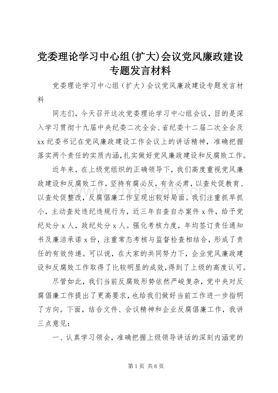 党委理论学习中心组(扩大)会议党风廉政建设专题发言材料提纲.docx_第1页