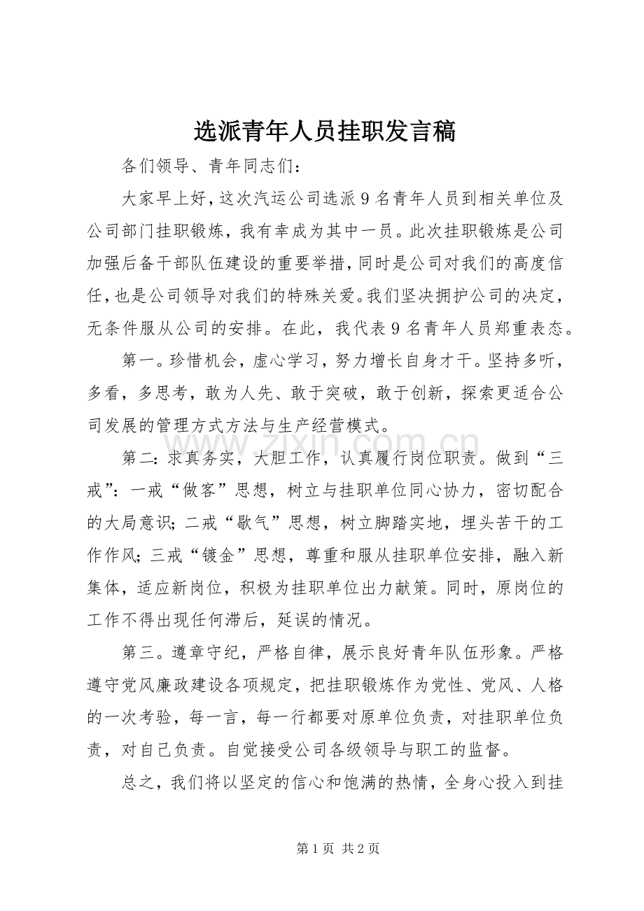 选派青年人员挂职发言.docx_第1页