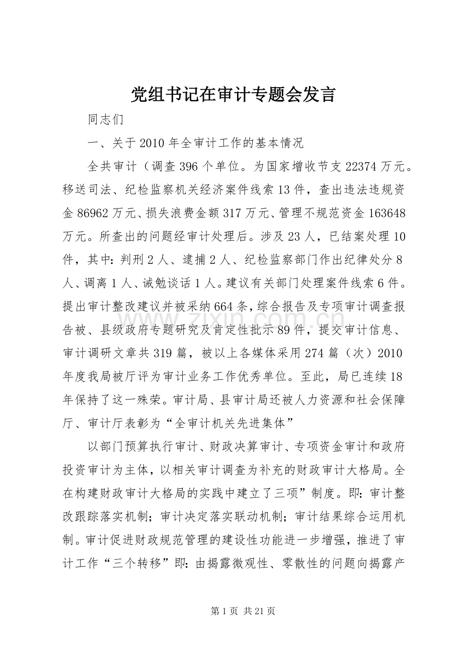 党组书记在审计专题会发言.docx_第1页