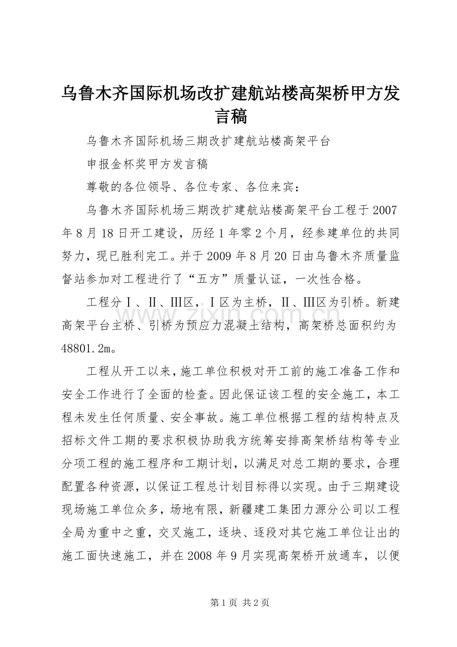 乌鲁木齐国际机场改扩建航站楼高架桥甲方发言.docx_第1页