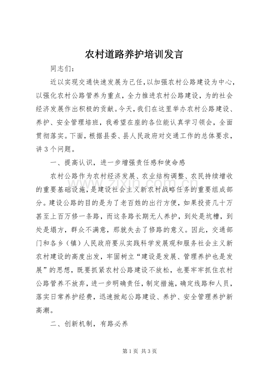 农村道路养护培训发言稿.docx_第1页
