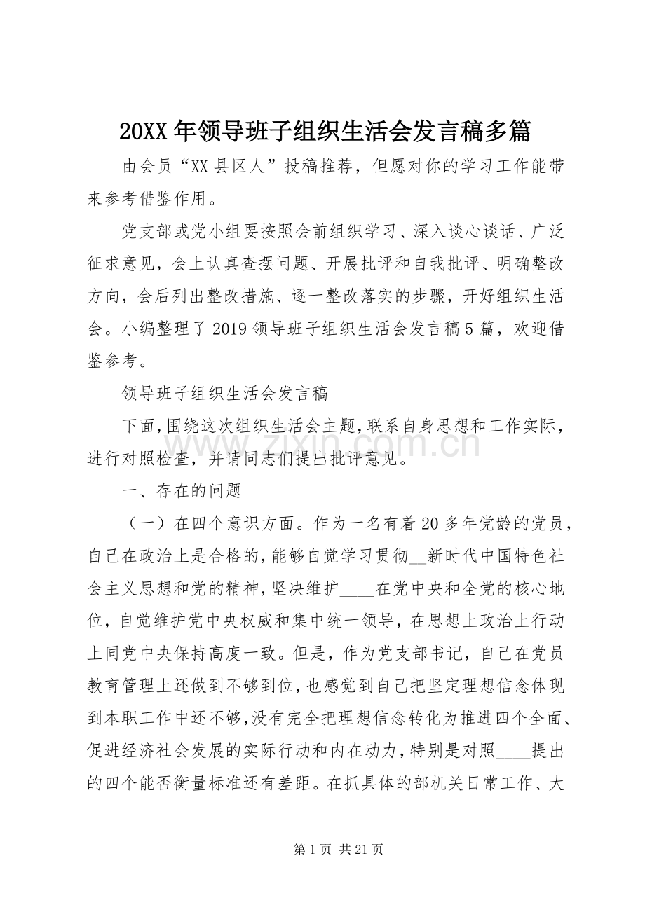 20XX年领导班子组织生活会发言多篇.docx_第1页