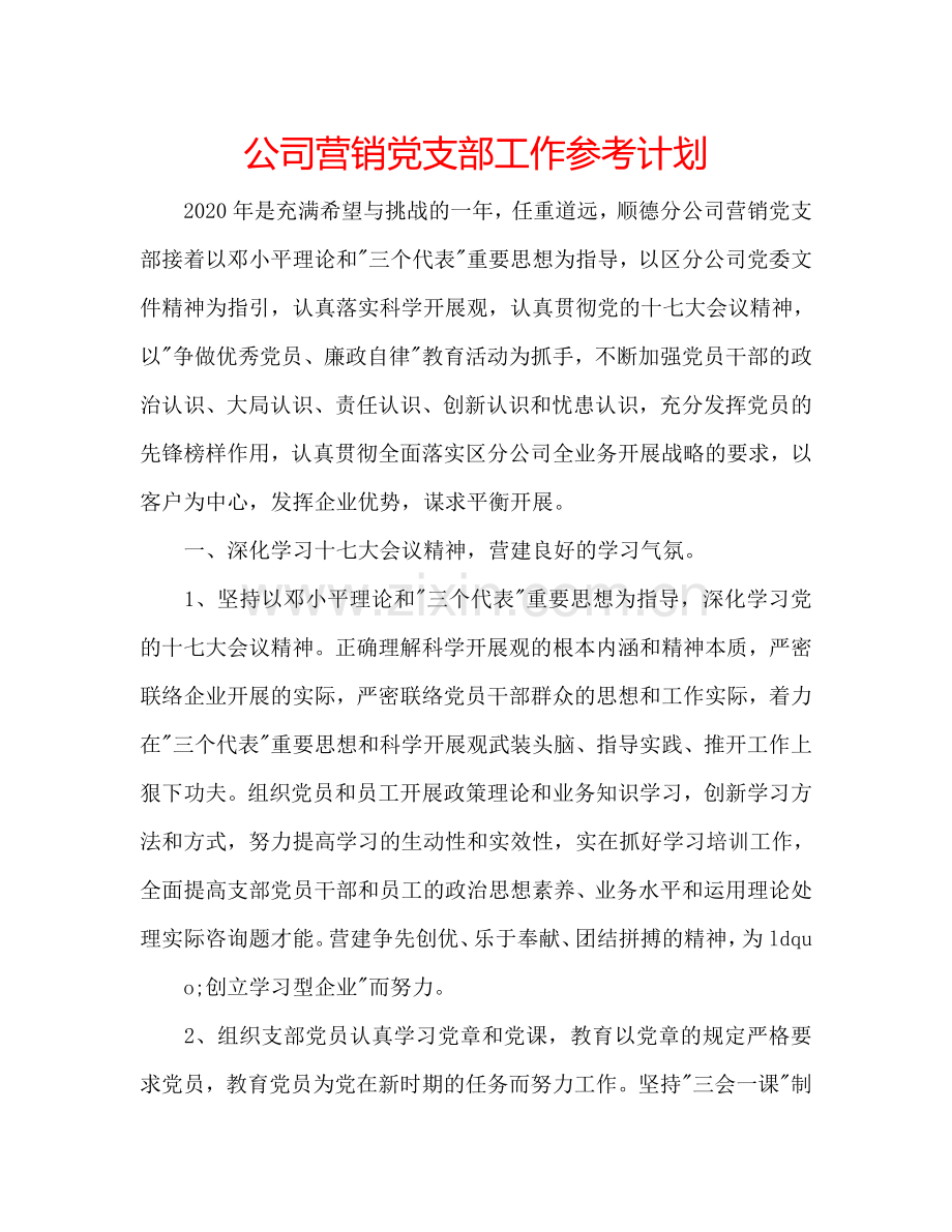 公司营销党支部工作参考计划.doc_第1页
