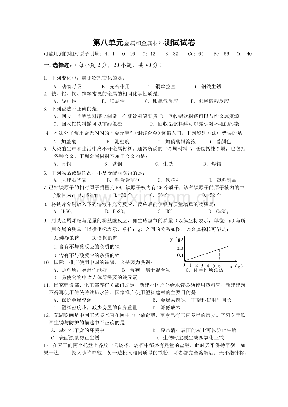 第八单元金属和金属材料测试试卷.doc_第1页