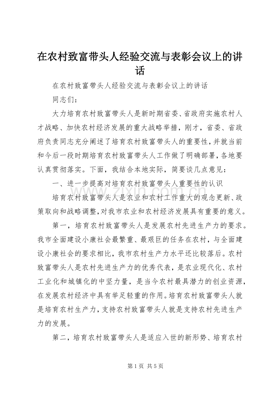 在农村致富带头人经验交流与表彰会议上的讲话.docx_第1页