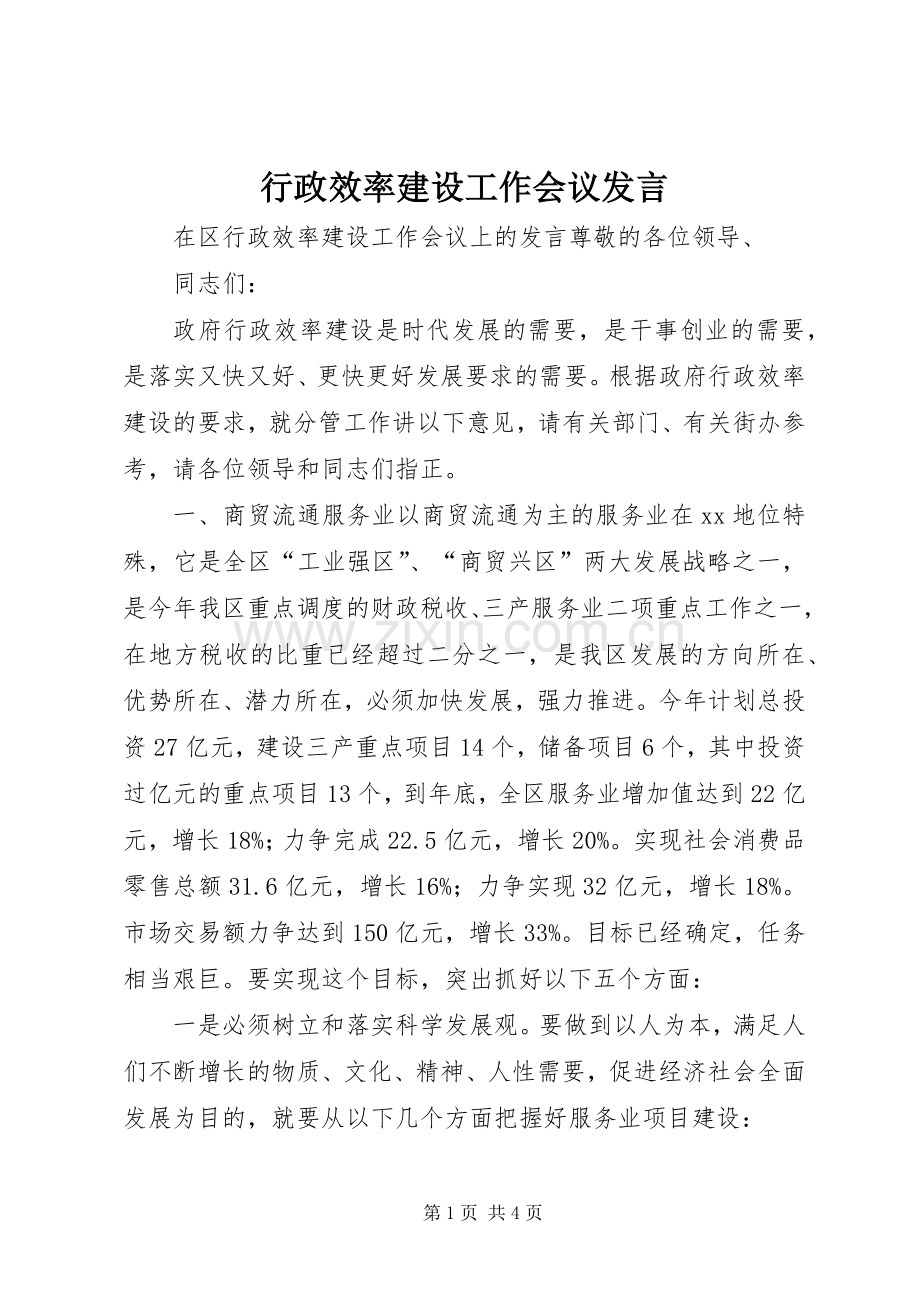行政效率建设工作会议发言.docx_第1页