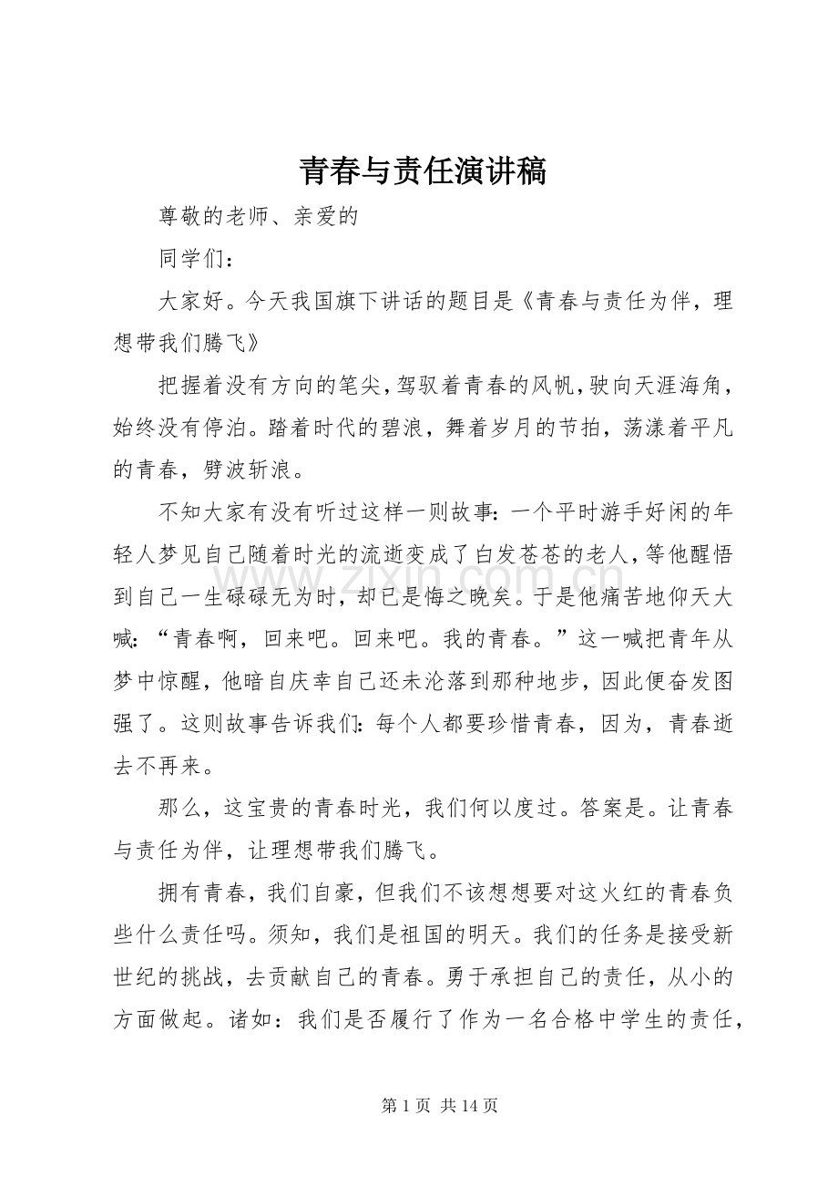 青春与责任演讲范文.docx_第1页