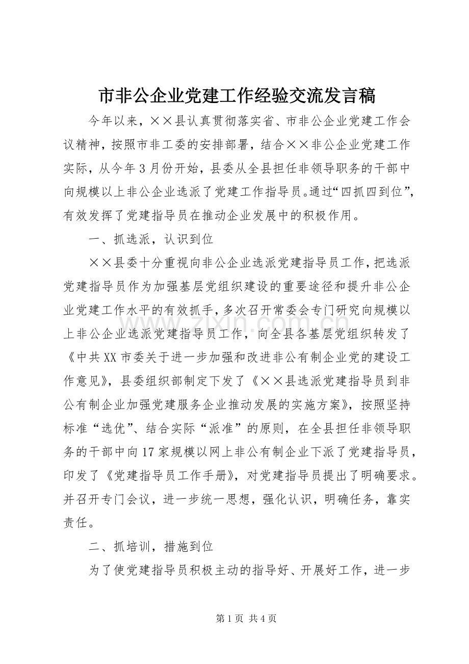 市非公企业党建工作经验交流发言稿范文.docx_第1页