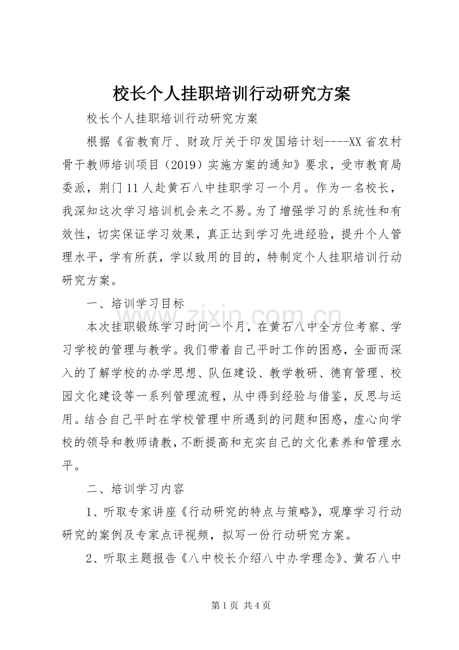 校长个人挂职培训行动研究实施方案 .docx_第1页