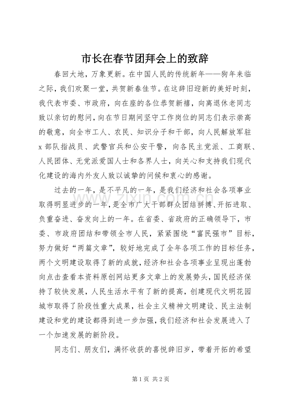 市长在春节团拜会上的演讲致辞范文.docx_第1页