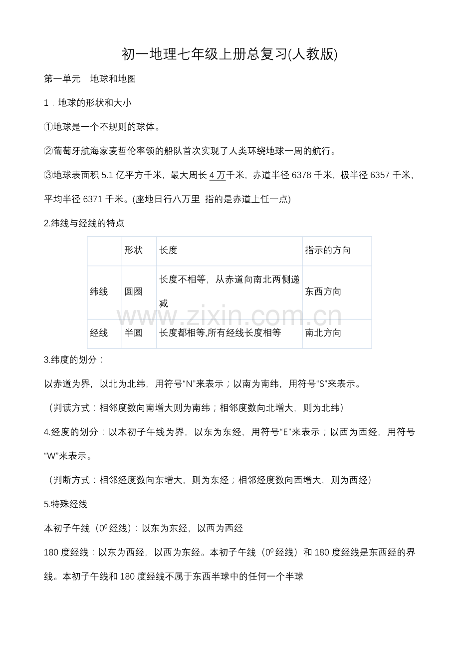 初一地理七年级上册总复习(人教版).doc_第1页