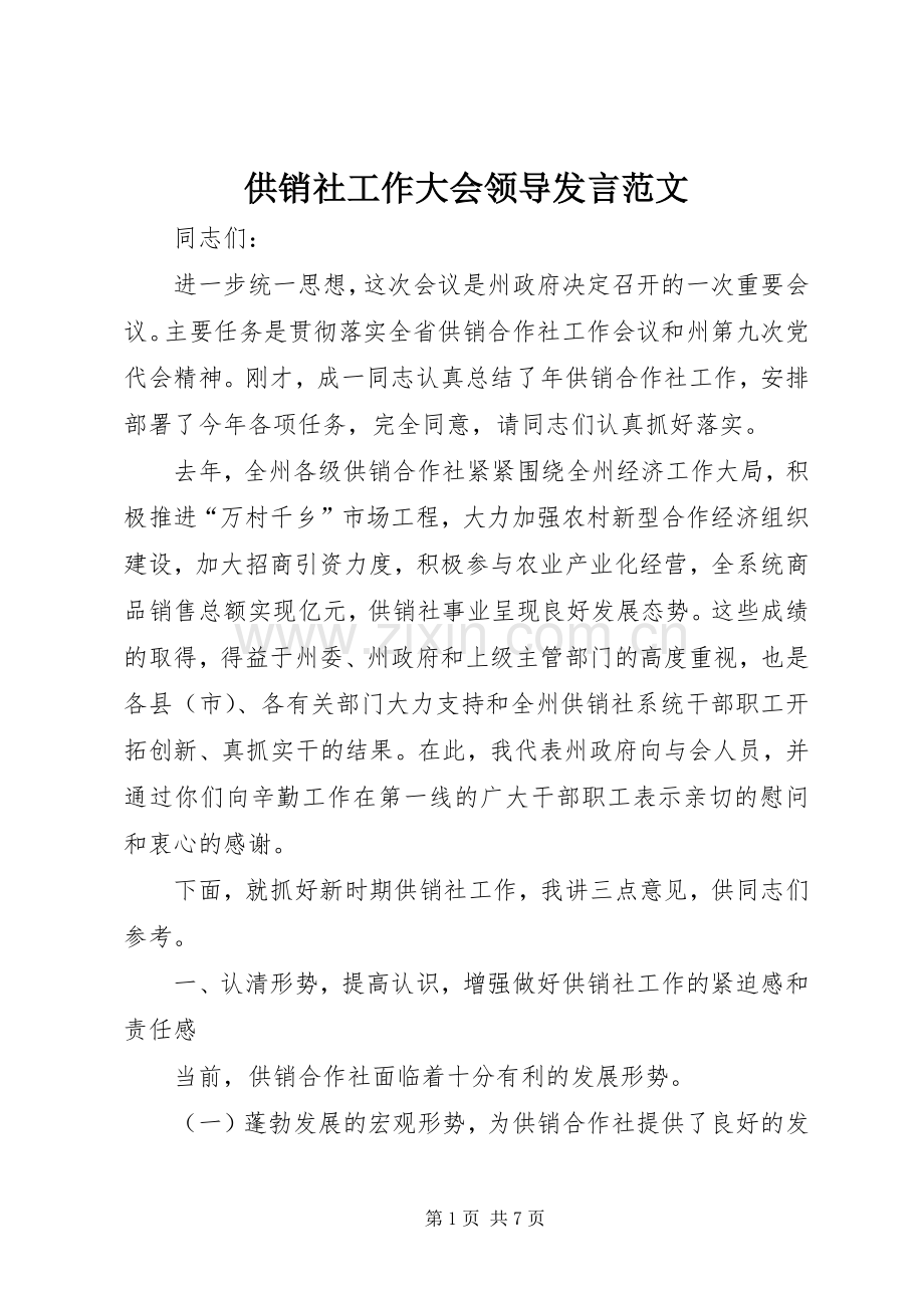 供销社工作大会领导发言范文.docx_第1页