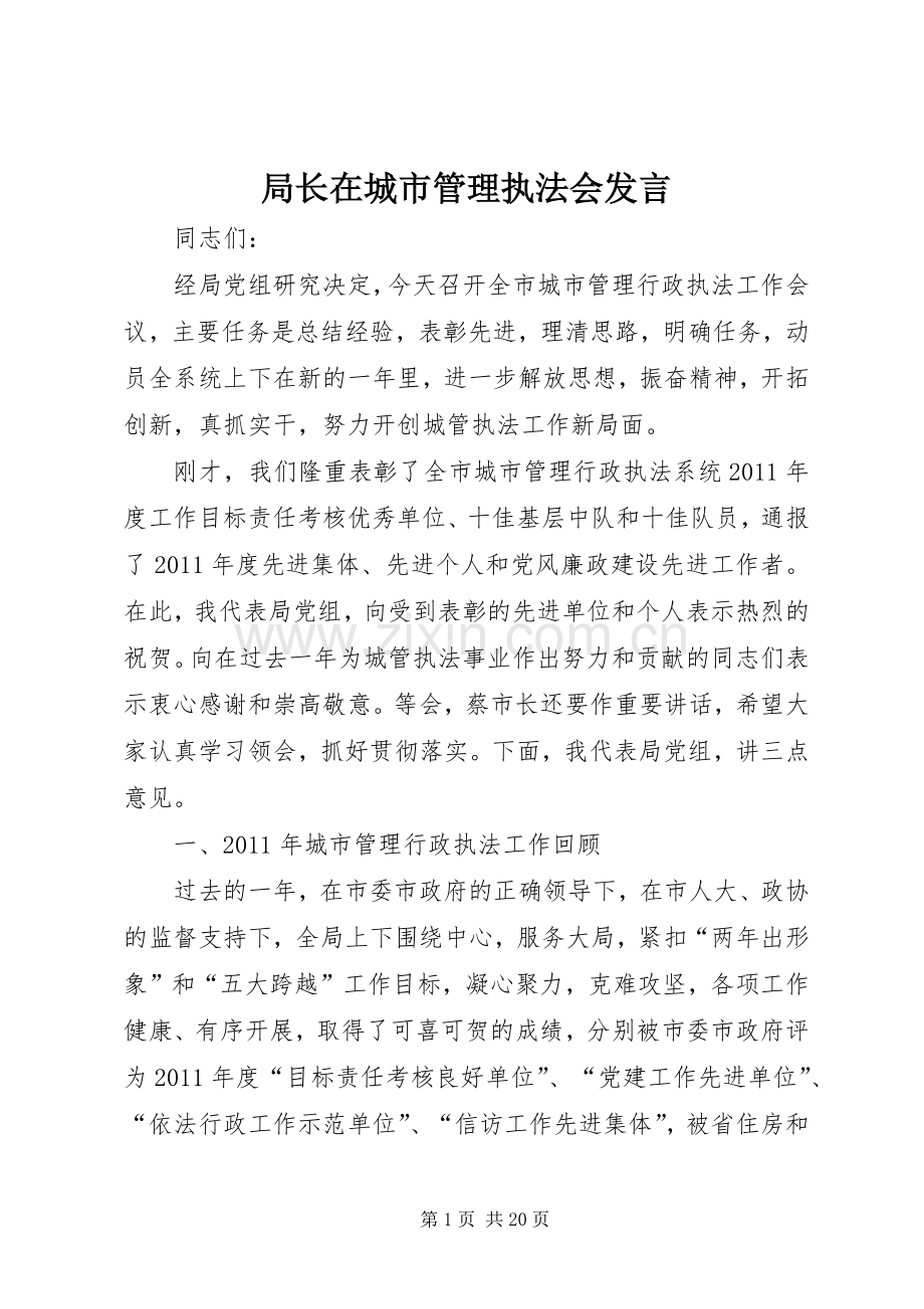 局长在城市管理执法会发言.docx_第1页