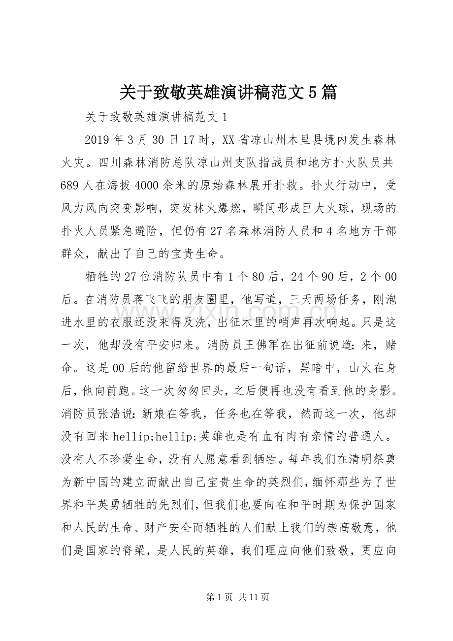 关于致敬英雄演讲稿范文5篇.docx_第1页
