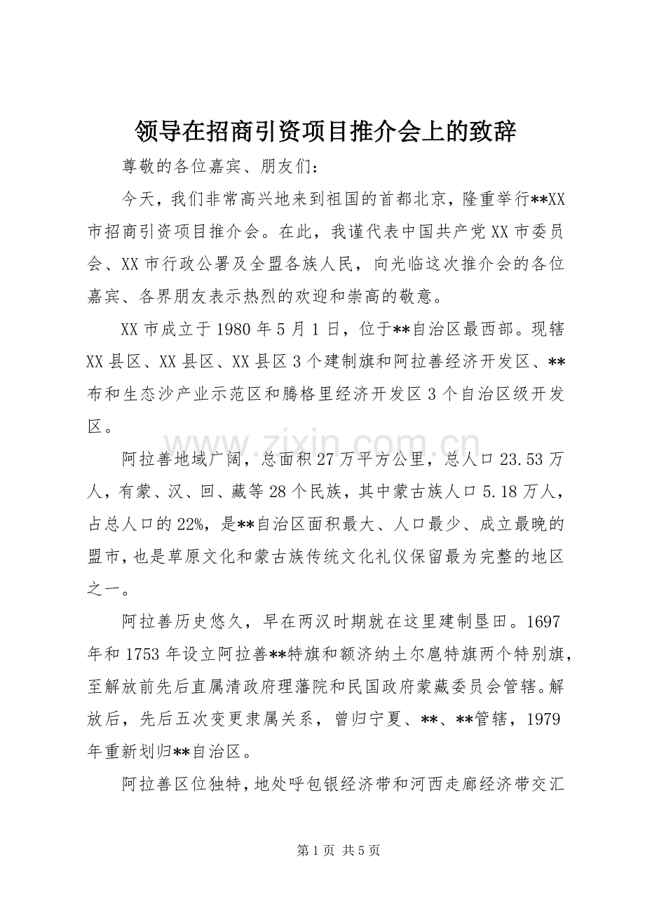 领导在招商引资项目推介会上的演讲致辞.docx_第1页