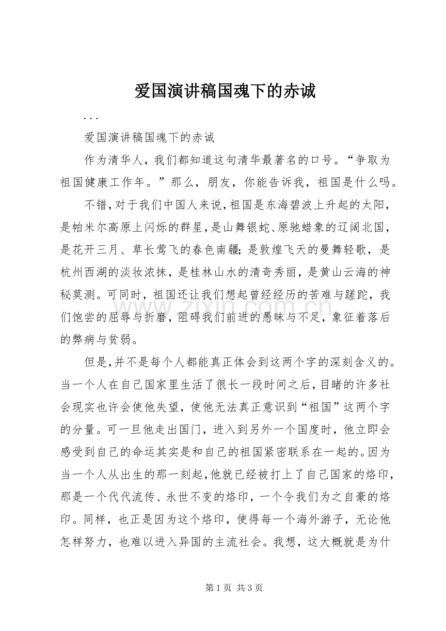 爱国演讲稿范文国魂下的赤诚.docx_第1页
