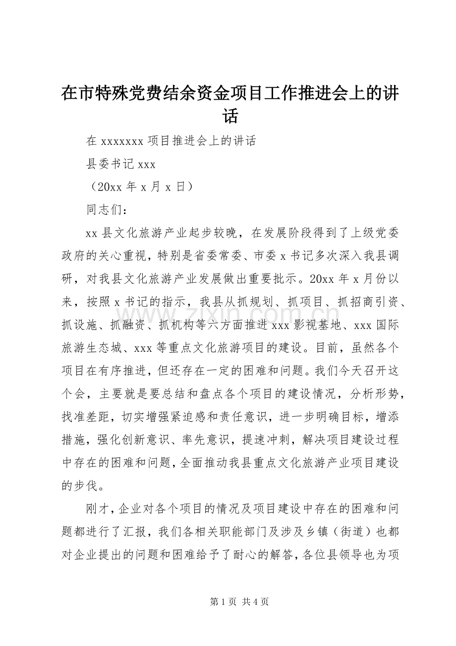 在市特殊党费结余资金项目工作推进会上的讲话.docx_第1页