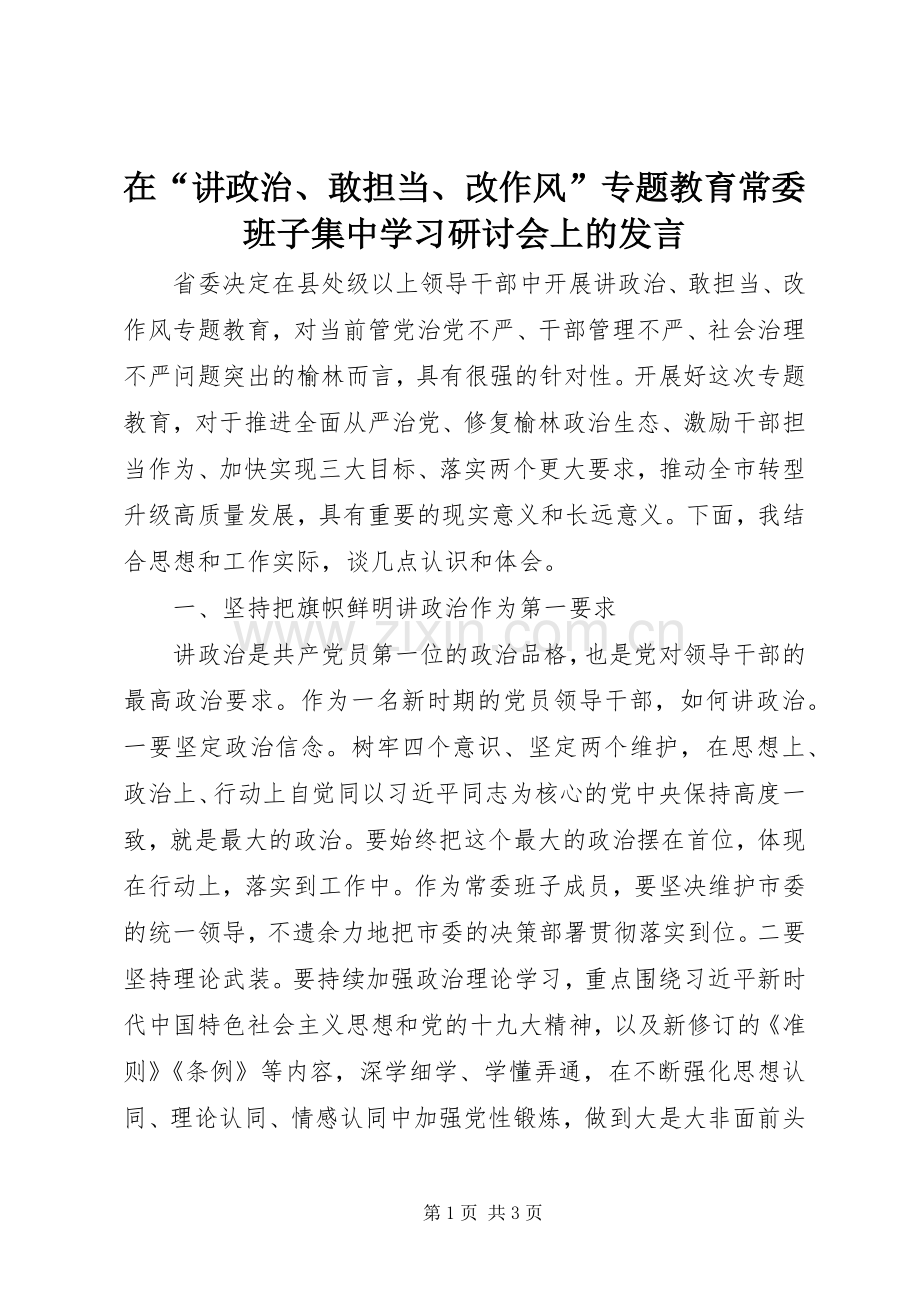 在“讲政治、敢担当、改作风”专题教育常委班子集中学习研讨会上的发言稿.docx_第1页