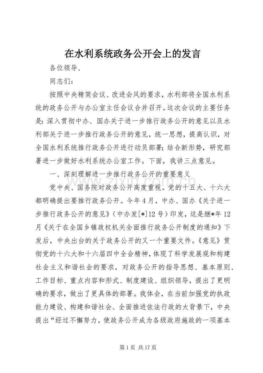 在水利系统政务公开会上的发言.docx_第1页