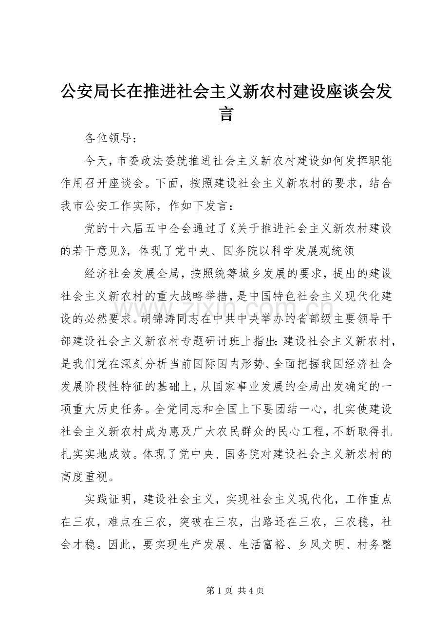 公安局长在推进社会主义新农村建设座谈会发言稿.docx_第1页
