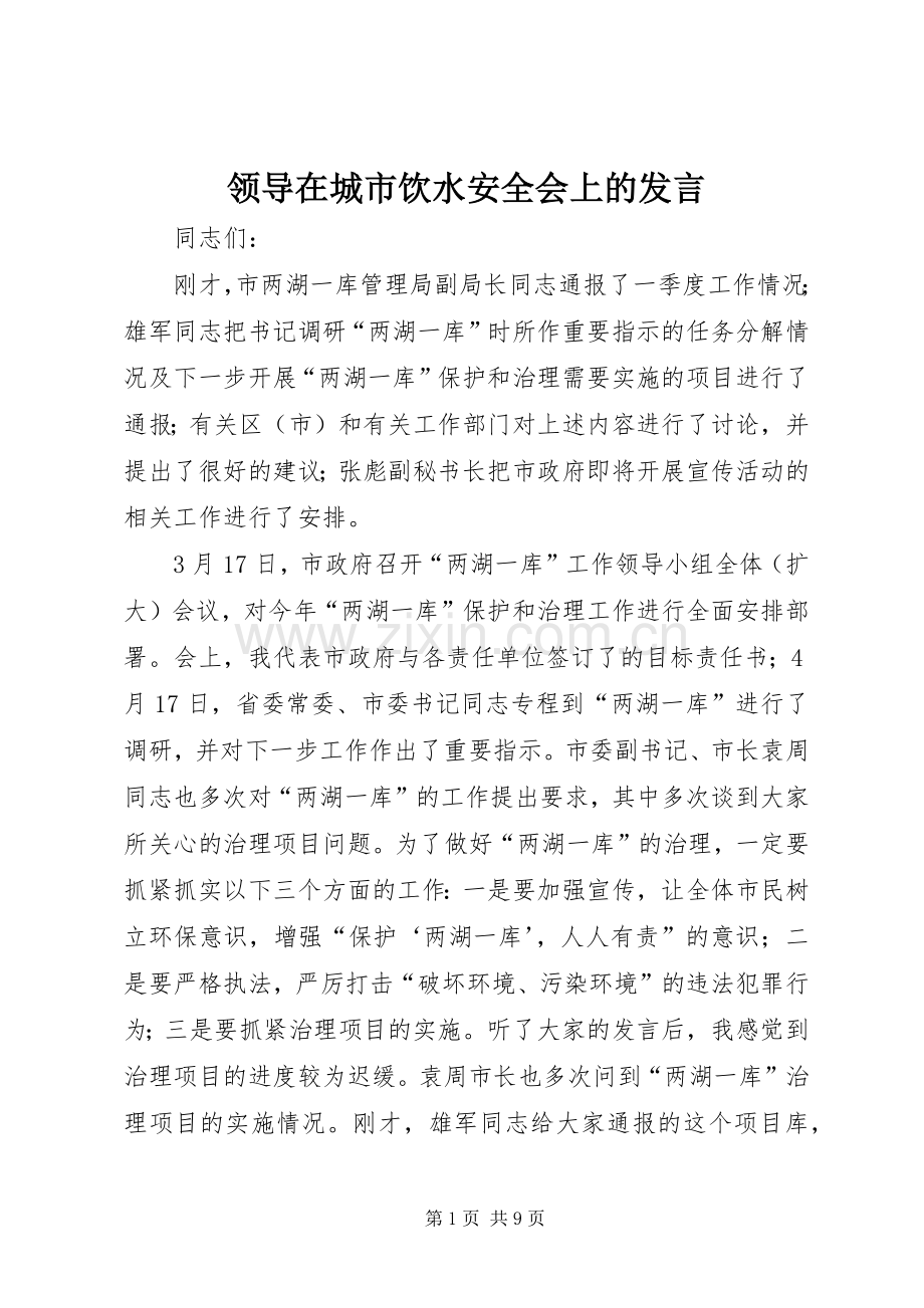 领导在城市饮水安全会上的发言稿.docx_第1页