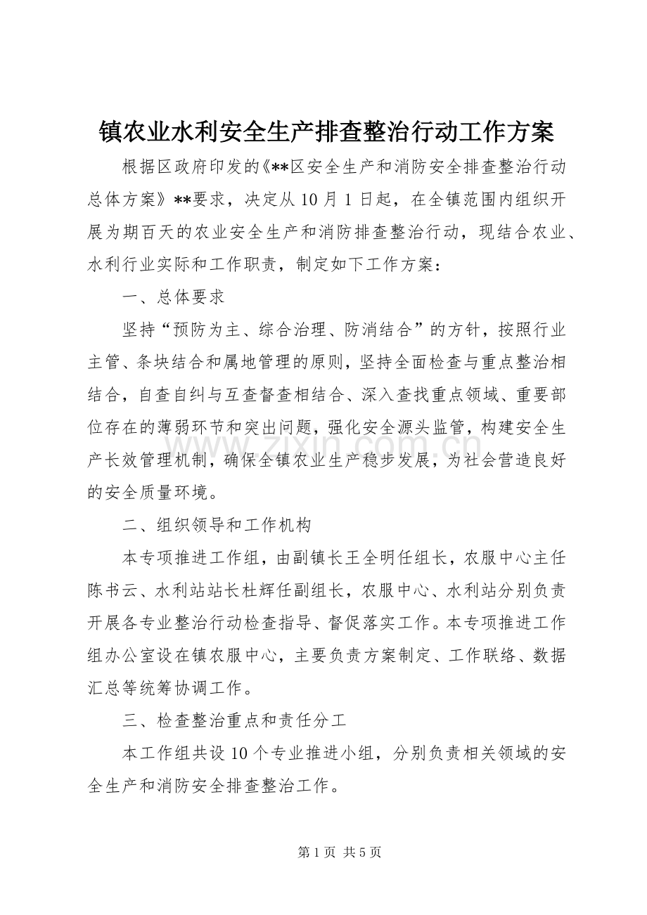 镇农业水利安全生产排查整治行动工作实施方案 .docx_第1页