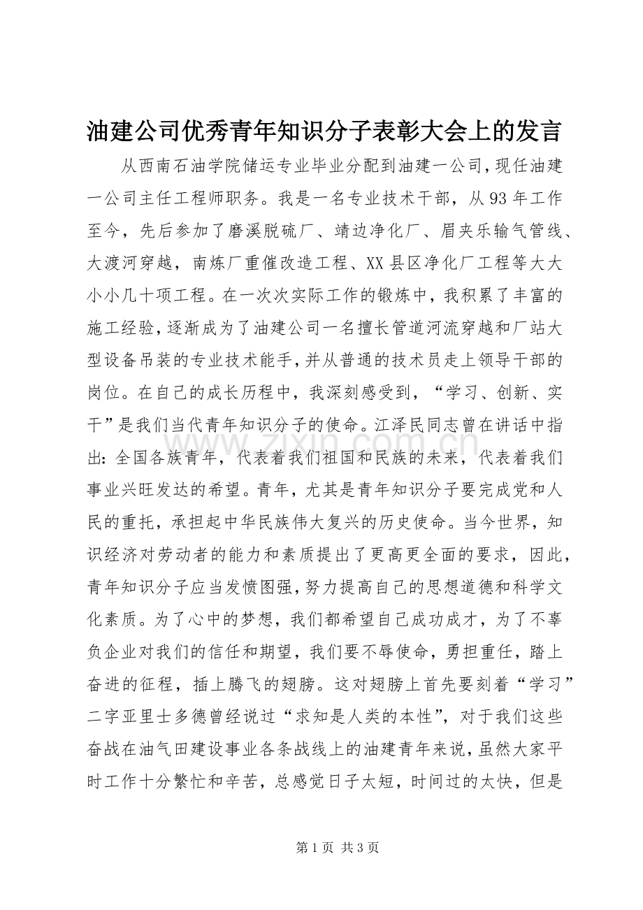 油建公司优秀青年知识分子表彰大会上的发言稿.docx_第1页