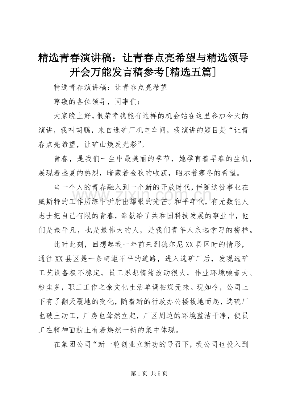 青春演讲稿：让青春点亮希望与领导开会万能发言参考[五篇].docx_第1页
