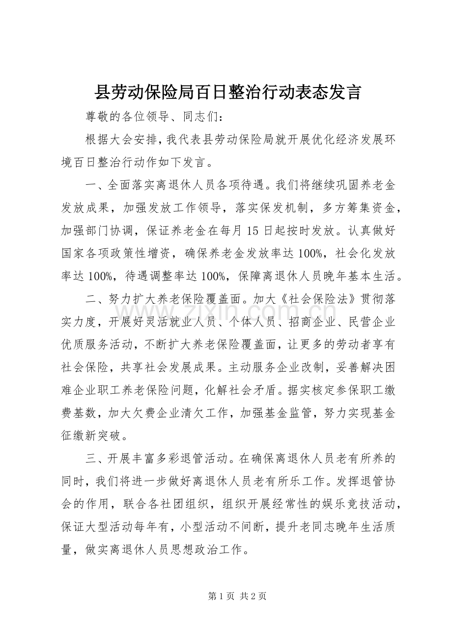 县劳动保险局百日整治行动表态发言稿.docx_第1页