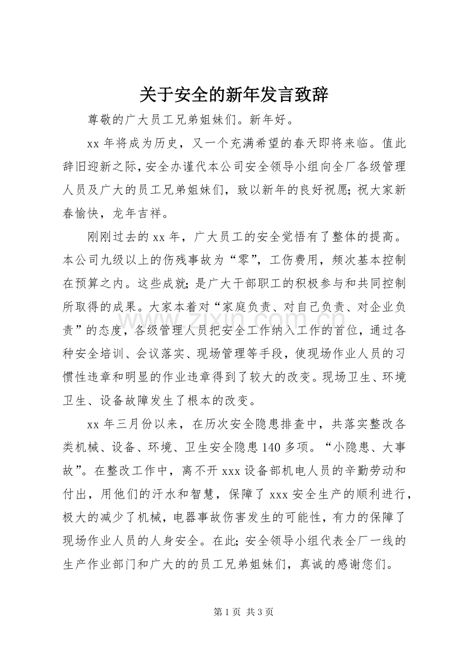 关于安全的新年发言演讲致辞范文.docx_第1页