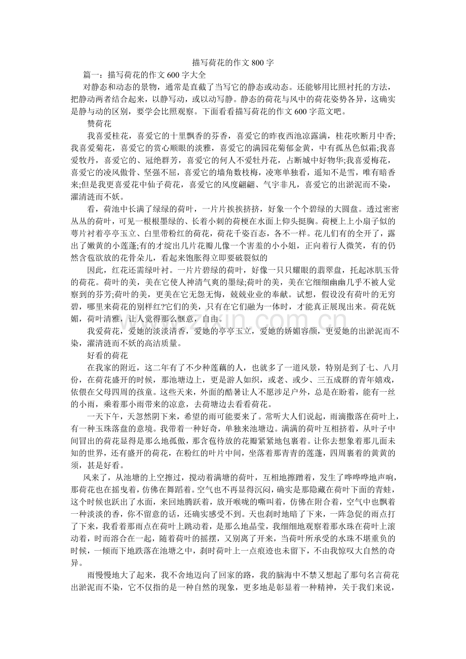 描写荷花的作文800字.doc_第1页