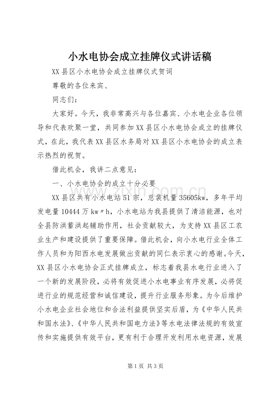 小水电协会成立挂牌仪式讲话稿.docx_第1页