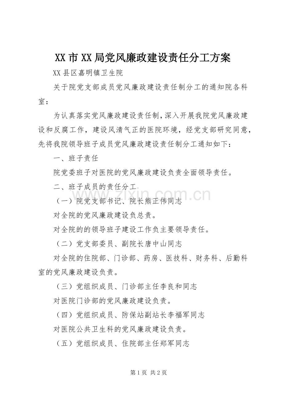 XX市XX局党风廉政建设责任分工实施方案 .docx_第1页