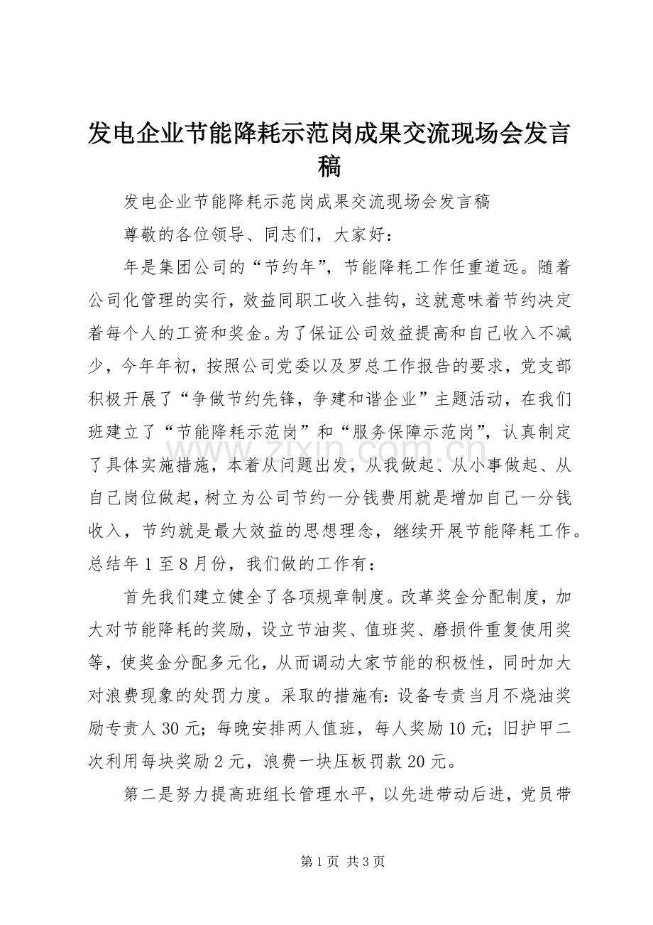 发电企业节能降耗示范岗成果交流现场会发言.docx_第1页