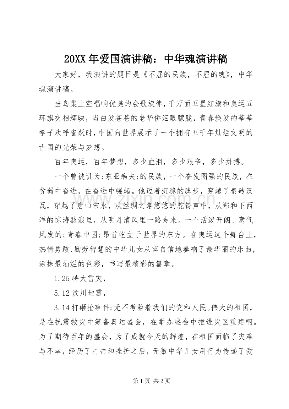 20XX年爱国演讲稿：中华魂演讲稿.docx_第1页