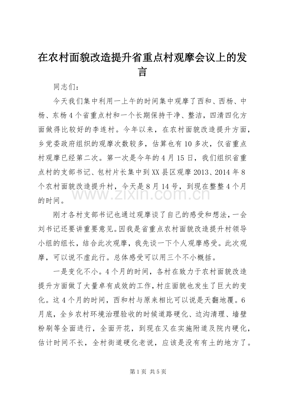 在农村面貌改造提升省重点村观摩会议上的发言稿.docx_第1页