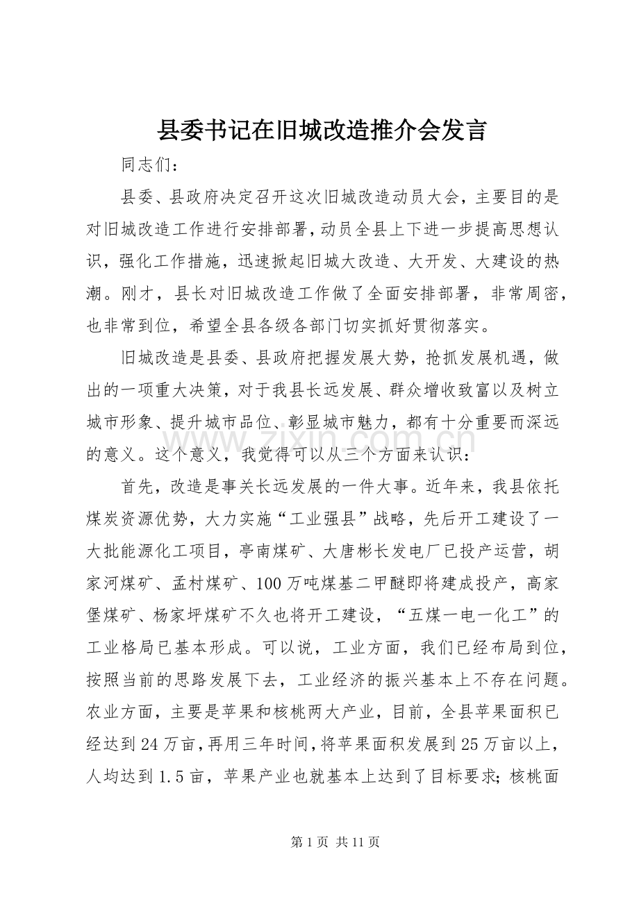 县委书记在旧城改造推介会发言稿.docx_第1页
