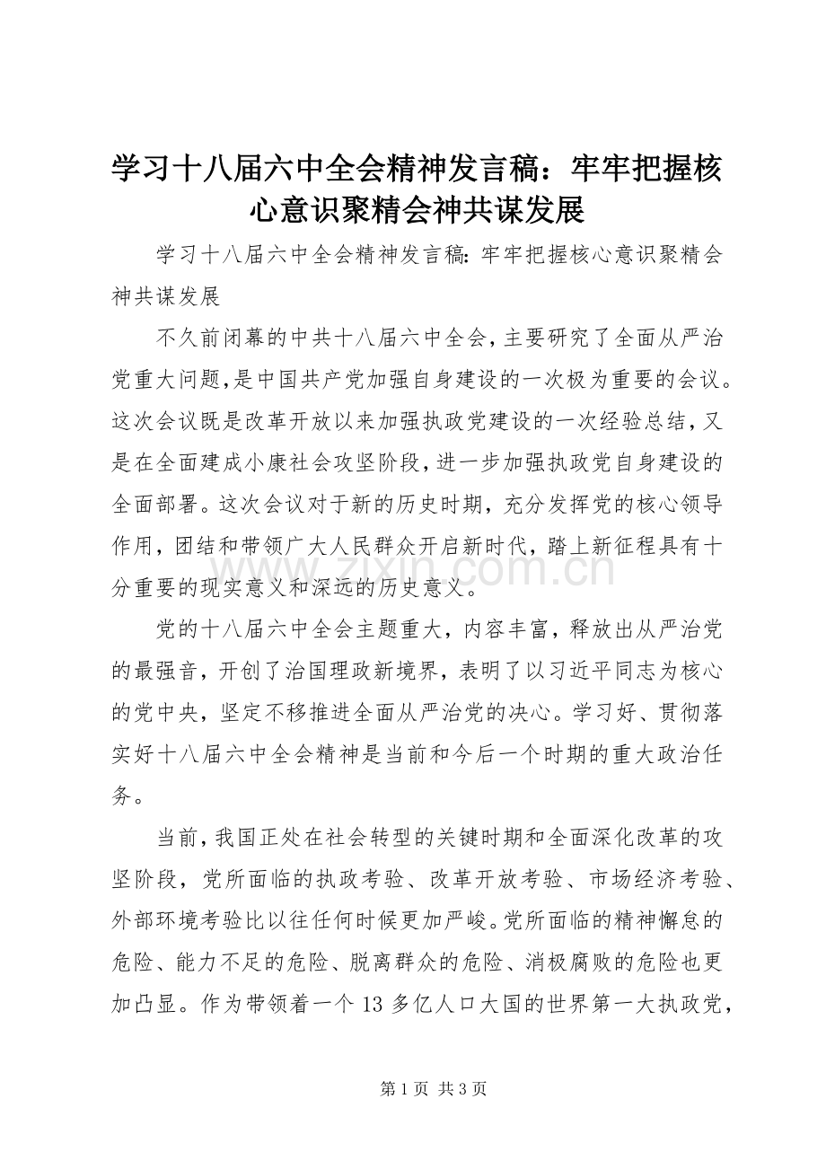 学习十八届六中全会精神发言：牢牢把握核心意识聚精会神共谋发展 (2).docx_第1页