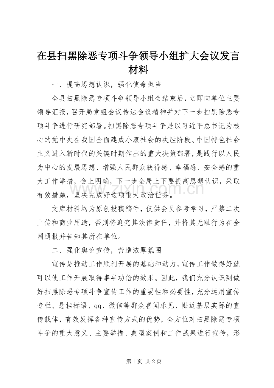 在县扫黑除恶专项斗争领导小组扩大会议发言材料提纲.docx_第1页