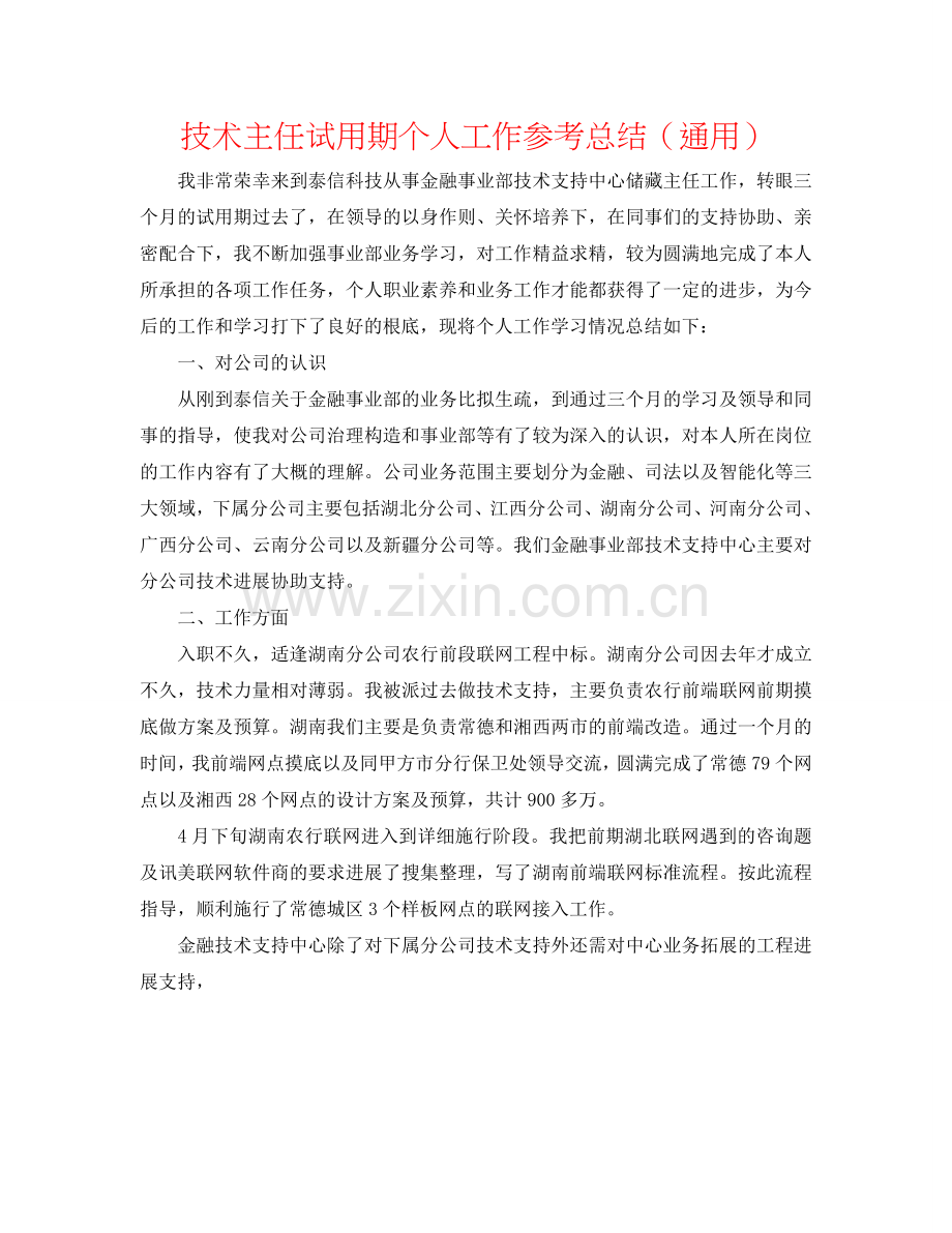 技术主任试用期个人工作参考总结（通用）.doc_第1页