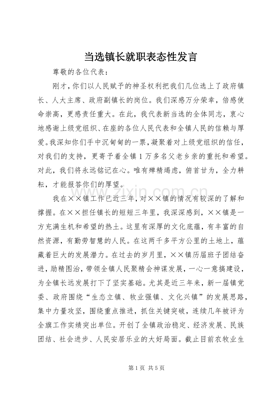 当选镇长就职表态性发言.docx_第1页