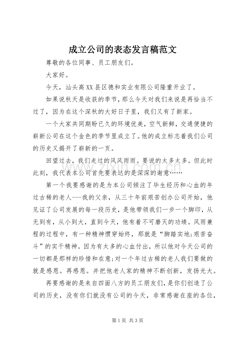 成立公司的表态发言范文.docx_第1页